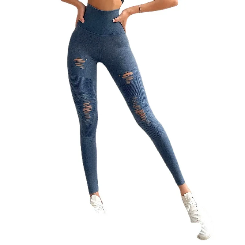 

Knitted Ins Peach Hip Fitness Pants Female High Waist Imitation Jeans Broken Copper Tight Elastic Yoga Pants Summer