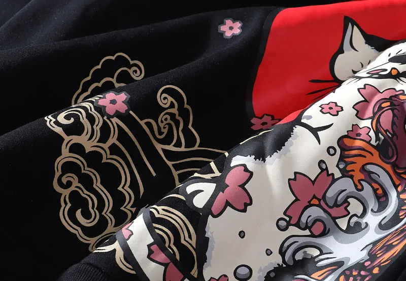 Harajuku Японский тату Кот печати флисовые толстовки для мужчин хип хоп Пуловер толстовки с капюшоном Повседневная хлопковая уличная Толстовка мужская