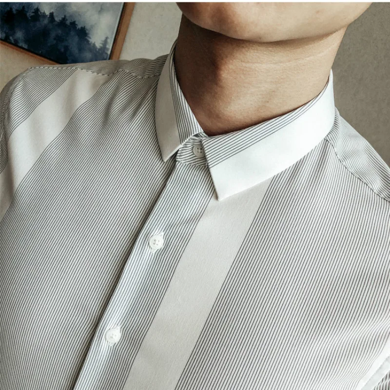 

Striped High Quality Shirt Men Casual Social Dress Business Shirts Summer Half Sleeve Streetwear Blusa Masculina Chemise Homme