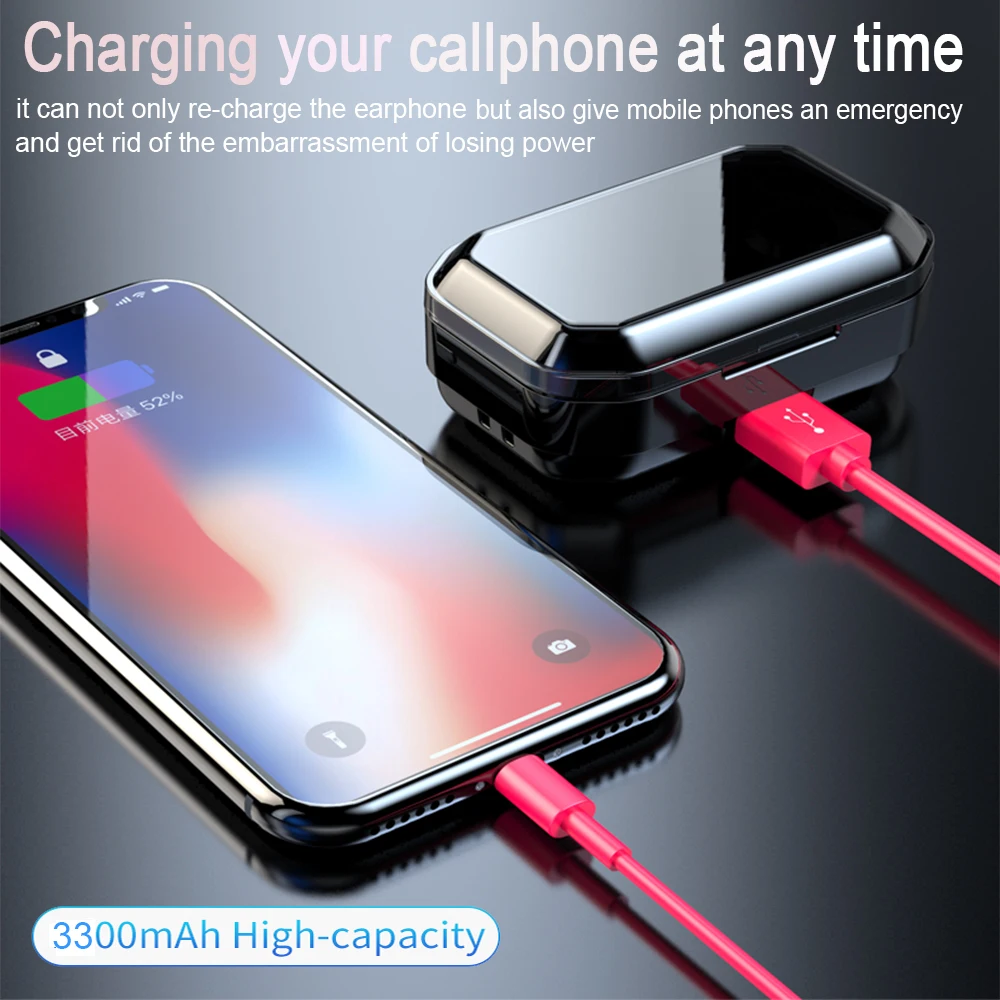 

G02 5.0 Bluetooth Stereo Earphone Wireless Headphones IPX7 Waterproof Touch Earbuds Headset 3300mAh LED Display Smart Power Bank