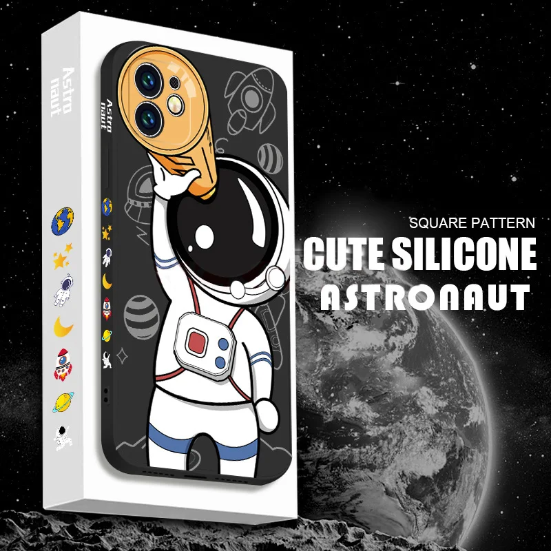 

For iPhone 13 12 11 Pro Max XS Max XR X 8 7 Plus Cartoon Cute Astronaut Planet Silicon Case Shockproof Camera Protection Cover