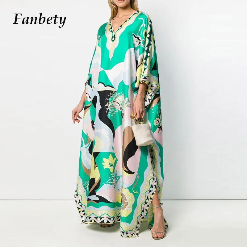 Impressão de Manga Nova Chegada Colorida Mulher Tornozelo-comprimento Vestido Verão Praia Estilo V-neck Solto Elegante Curta
