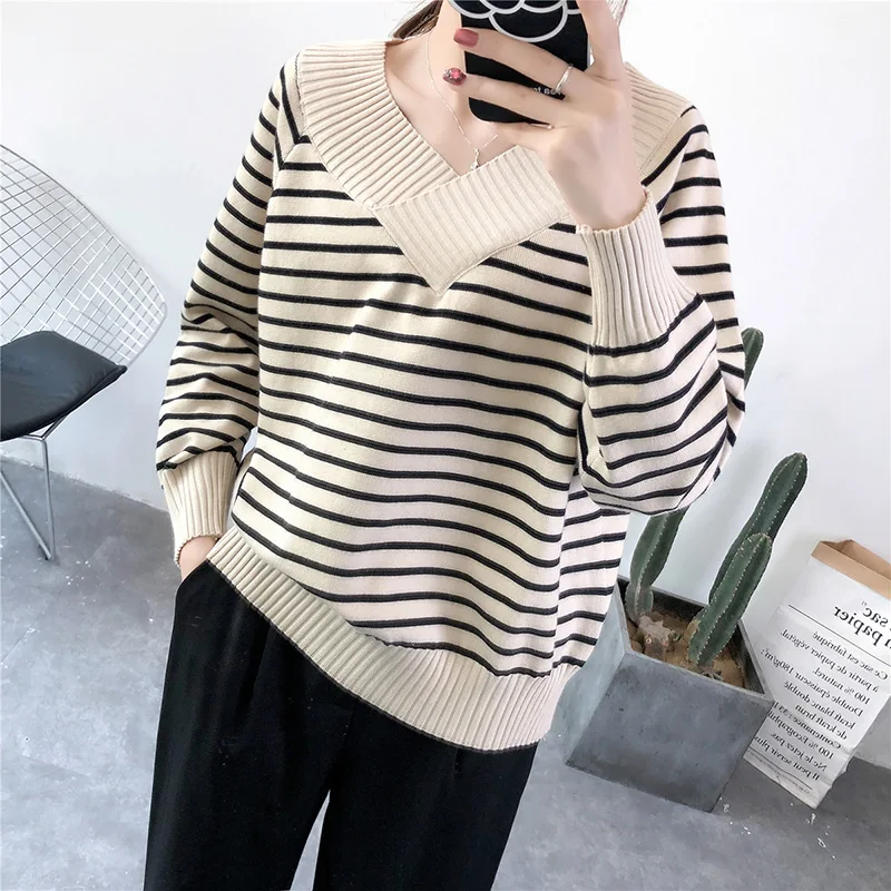 Striped Sweater Women Autumn Winter V Neck Loose Casual Cozy Knitted Pullover Truien Dames Pull Femme Jumper Knitwear | Женская одежда