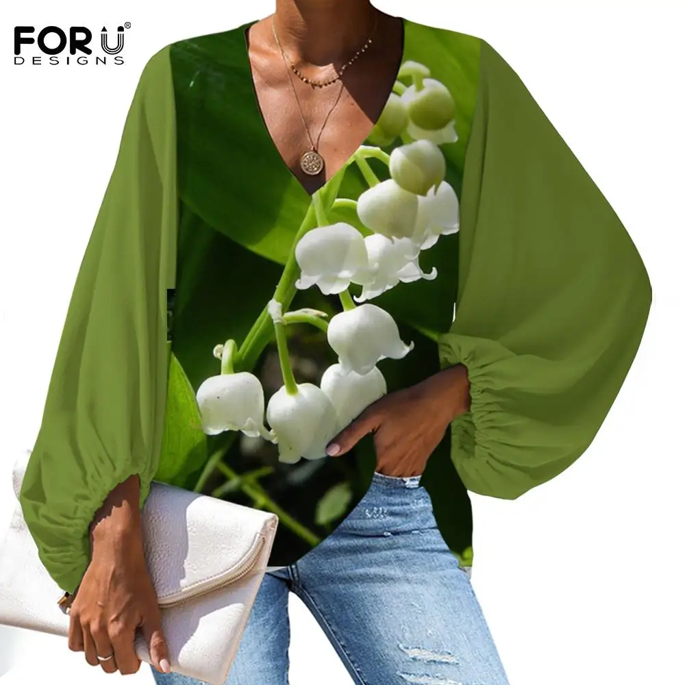 

FORUDESIGNS Green Chiffon Blouse White Convallaria Majalis 3D Print Breathable Fabric Fashion Loose Long Sleeve Women Sheer Tops