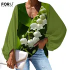FORUDESIGNS зеленая шифоновая блузка белая Convallaria Majalis дышащая ткань с 3D принтом Модные свободные женские прозрачные топы с длинным рукавом