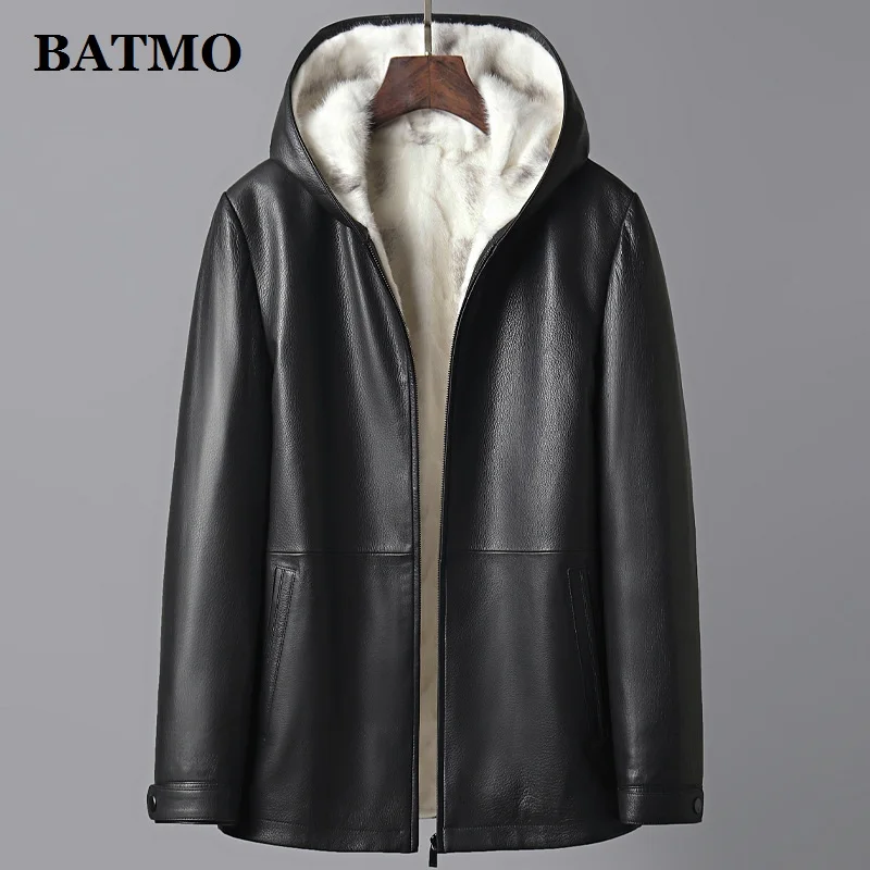 

BATMO 2021 new arrival winter natural mink fur liner real leather hooded jackets men,mens thicked parkas 5485