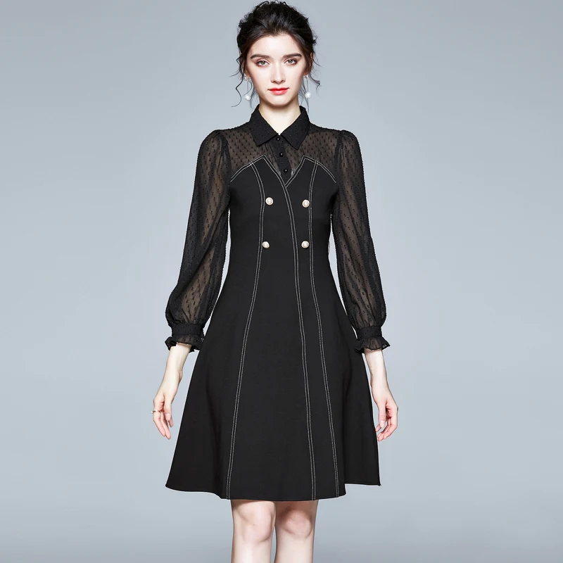 

JSXDHK Women Autumn Turn Down Collar Dress High Quality Chiffon Patchwork Pearl Button Ladies Office Lady Black Casual Vestidos