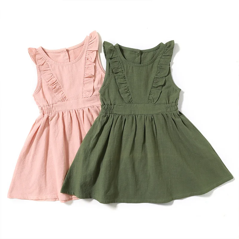 

New girls cotton and linen dress with flying sleeves solid color comfortable children's hot selling dress