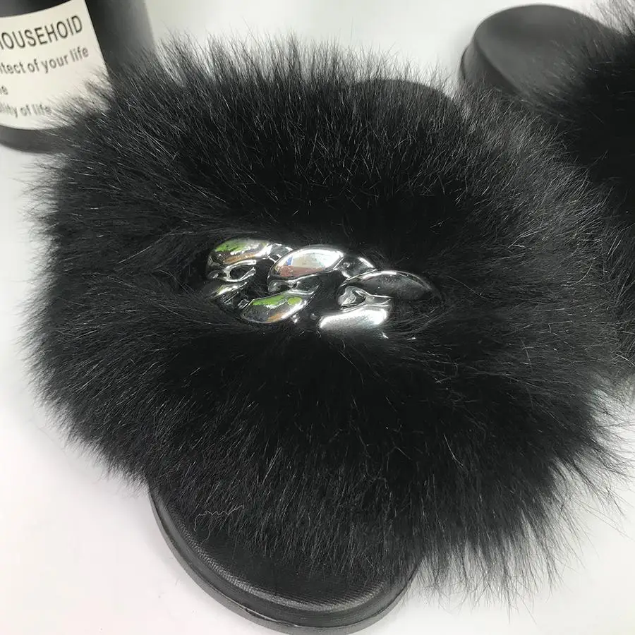 

Big Fox Fur Slippers Women Sandals 2021 New Fashion Slides Comfort Flat Flip Flops Fluffy Anti-Slippery Slippers