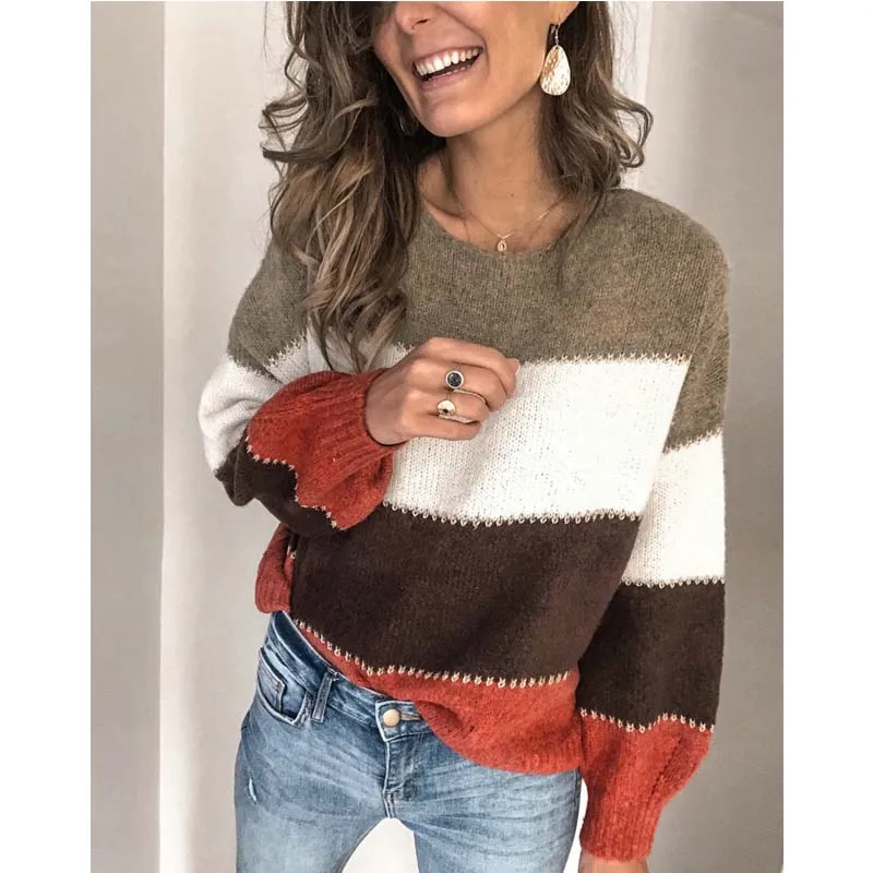 Женский трикотажный пуловер в полоску с круглым вырезом и длинными рукавами |