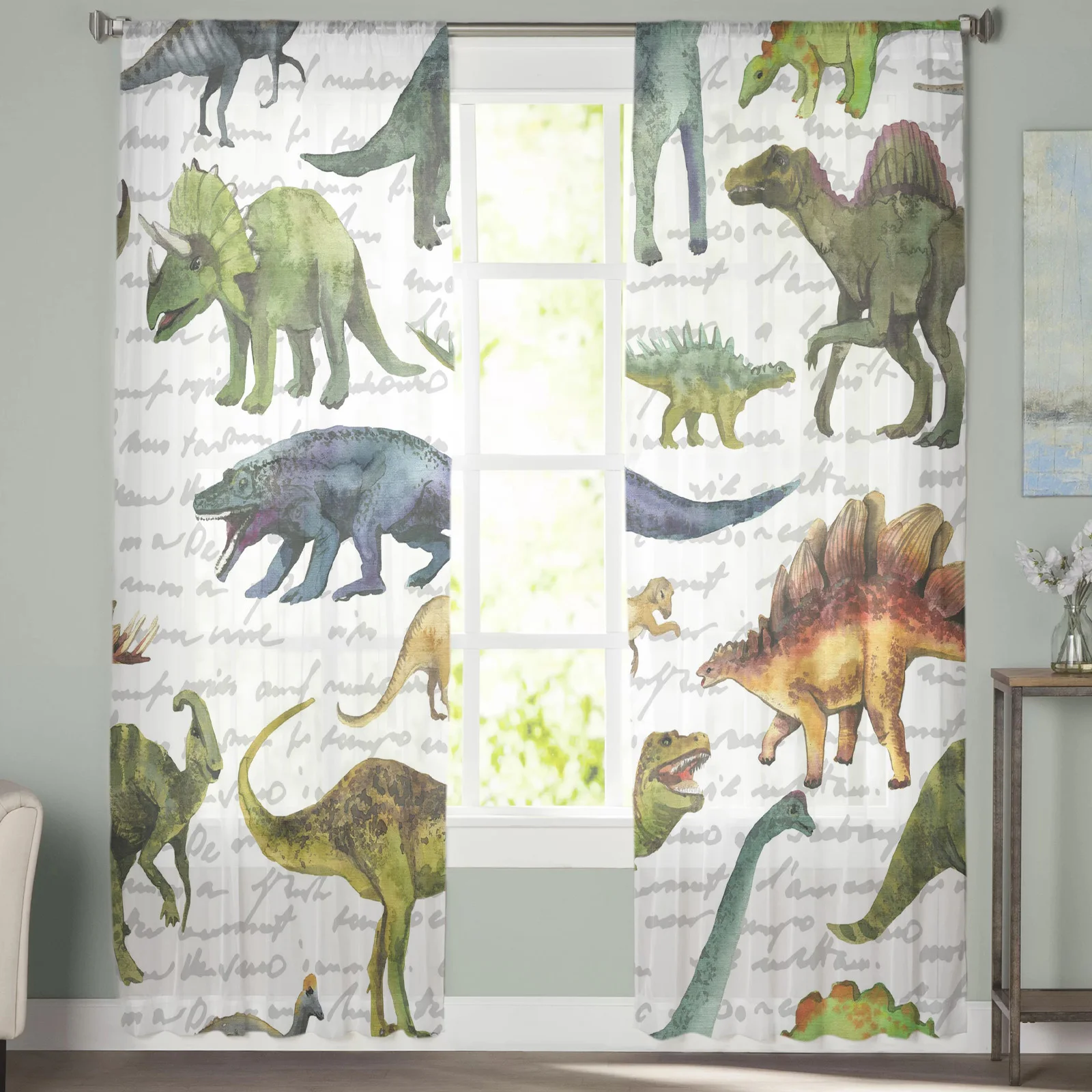 Занавеска с динозаврами животными цветным текстом шифоновая для гостиной