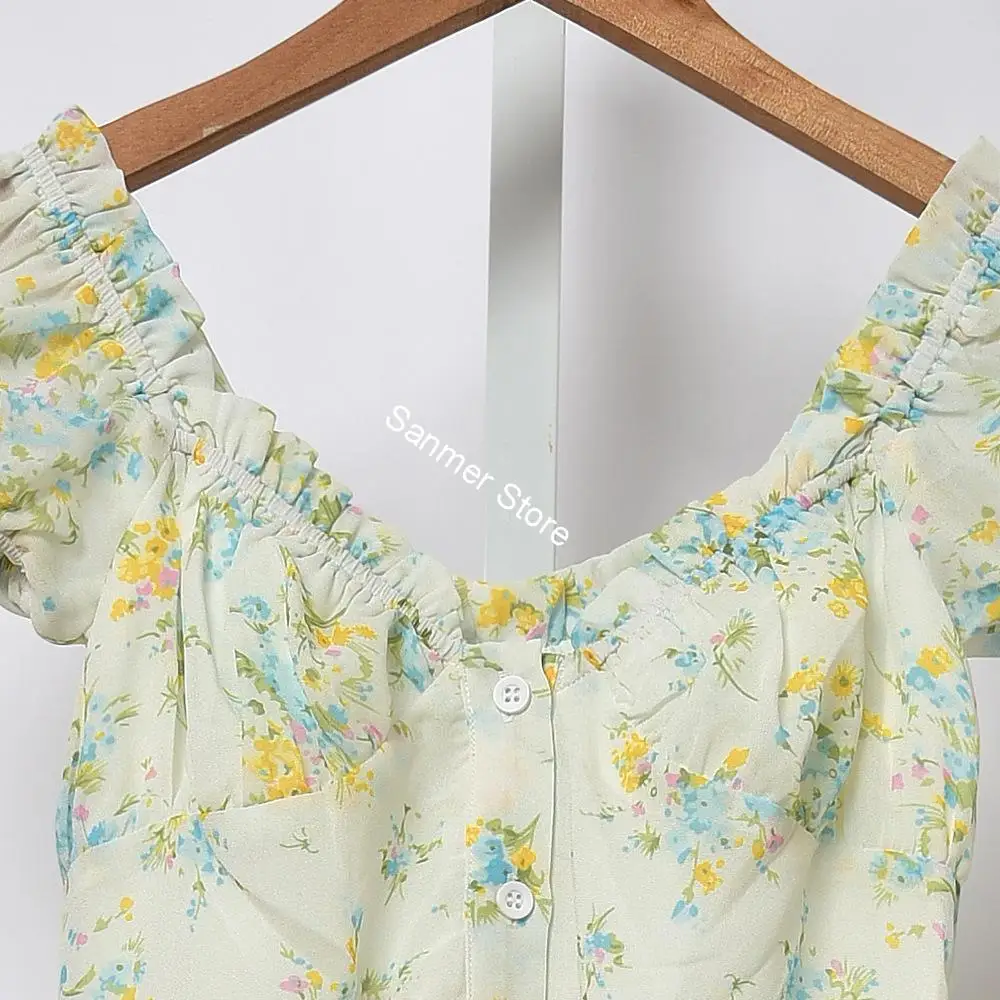 Women Fresh Flower Split Midi Dress Short Puff Sleeve Backless Printing with Buttons Prairie Chic | Женская одежда