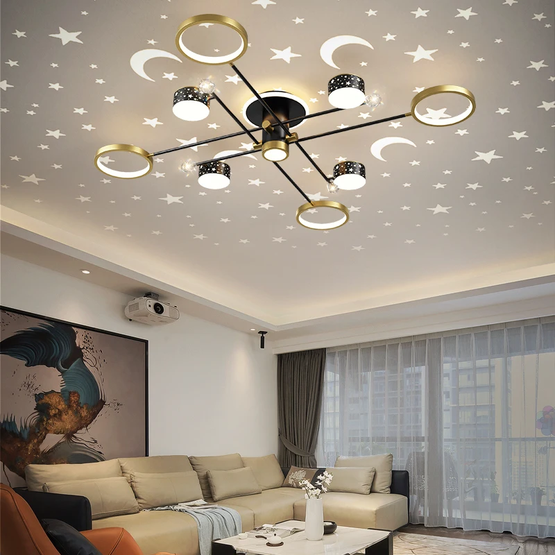 

Postmodern Starry Living Room Chandeliers Creative Fashion Star Projection Ceiling Lights Romantic Atmosphere Hall Bedroom Lamp