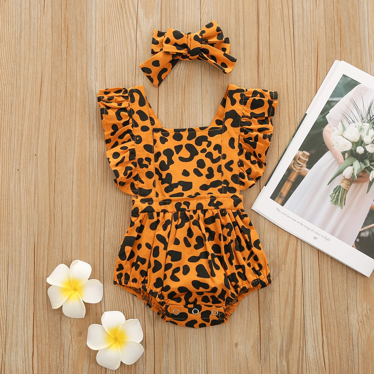 

Baby Girl\u2019s Casual Ruffle Fly Sleeve Bodysuit Fashion Leopard Printed Cross Strap Jumpsuits and Headband