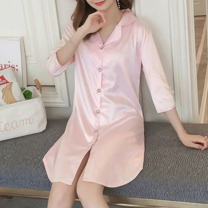 

Nightgowns Women Solid Ice-silk Single Breasted Fashion Sexy Nightwear Chic Womens Three Quarter Homewear Sleepshirts Ulzzang