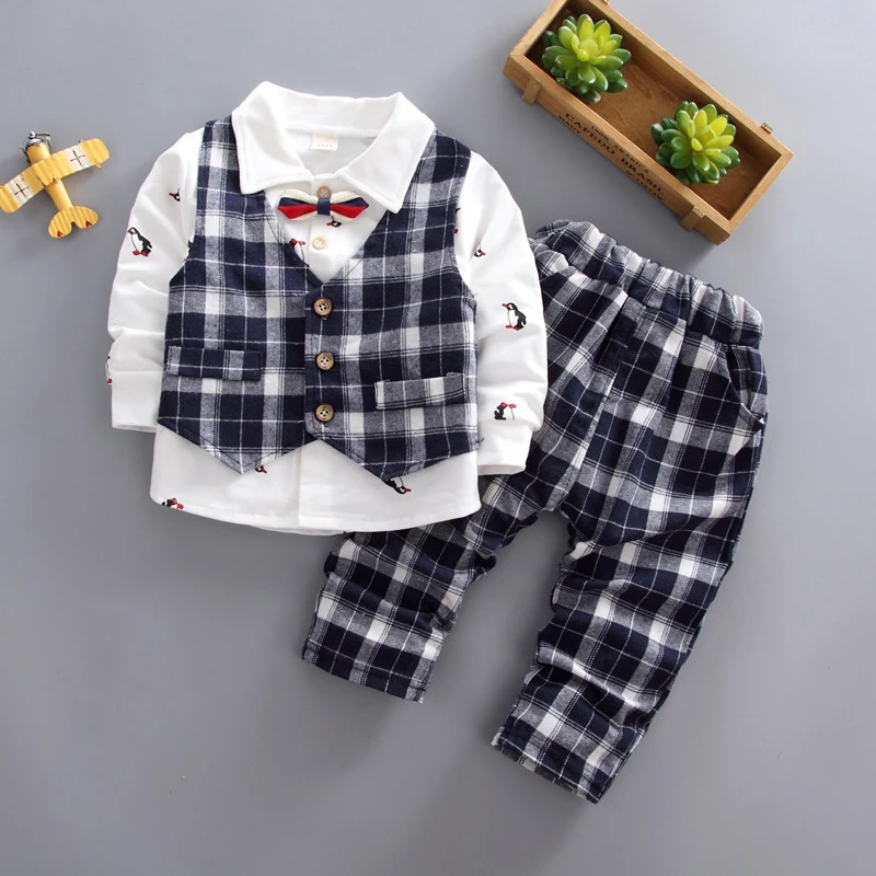 

2020 Autumn Boys Fashion Clothes Set Cartoon Penguin Long Sleeve Shirt Vest Pants 3-Piece Set Plaid Casual Kids Set