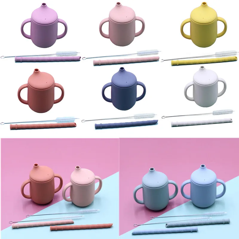 Кружка детская из пищевого силикона с двойной ручкой для питья кружки соломинкой