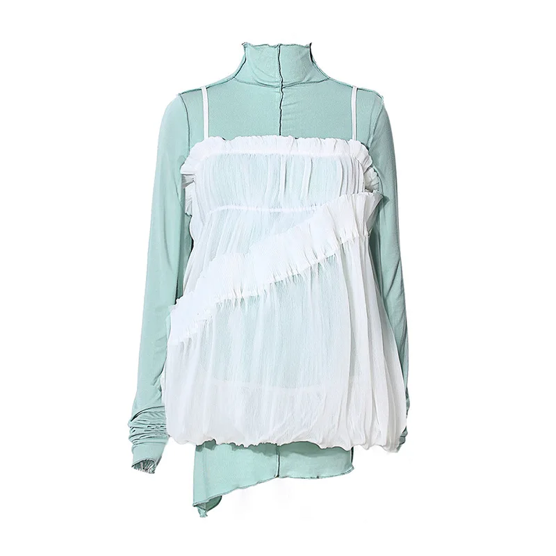 

High Collar Bottoming Shirt Set Asymmetric Open Thread Designer Irregular Hem with Chiffon Sling Two-piece Female Crop Tops