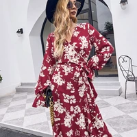 ladies early autumn long sleeve dress v neck sexy floral red dress casual dress fashion elegant ladies dress ladiesfree shipping