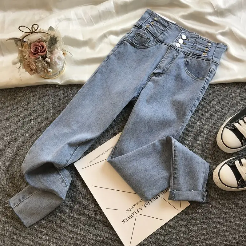 

High Waist Jeans for Women 2021 Spring New Korean-Style Button Design Skinny Slimming Stretch Pencil Denim Pants Ladies Fashion