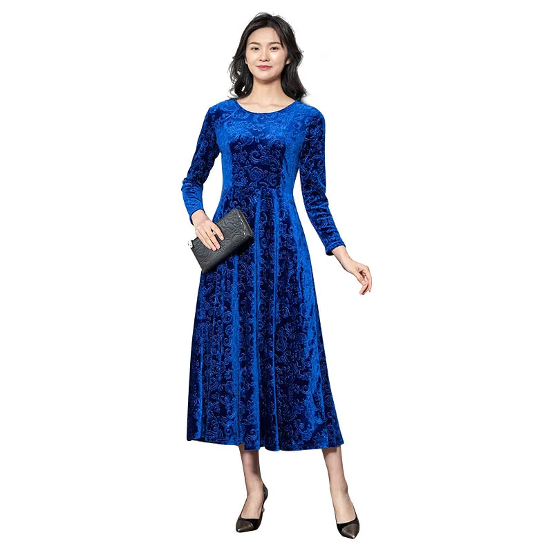 Spring Dress Women Velvet Elegant Long Embossed Womens Dresses New Arrival 2019 Sleeve Vestido KJ2089 | Женская одежда