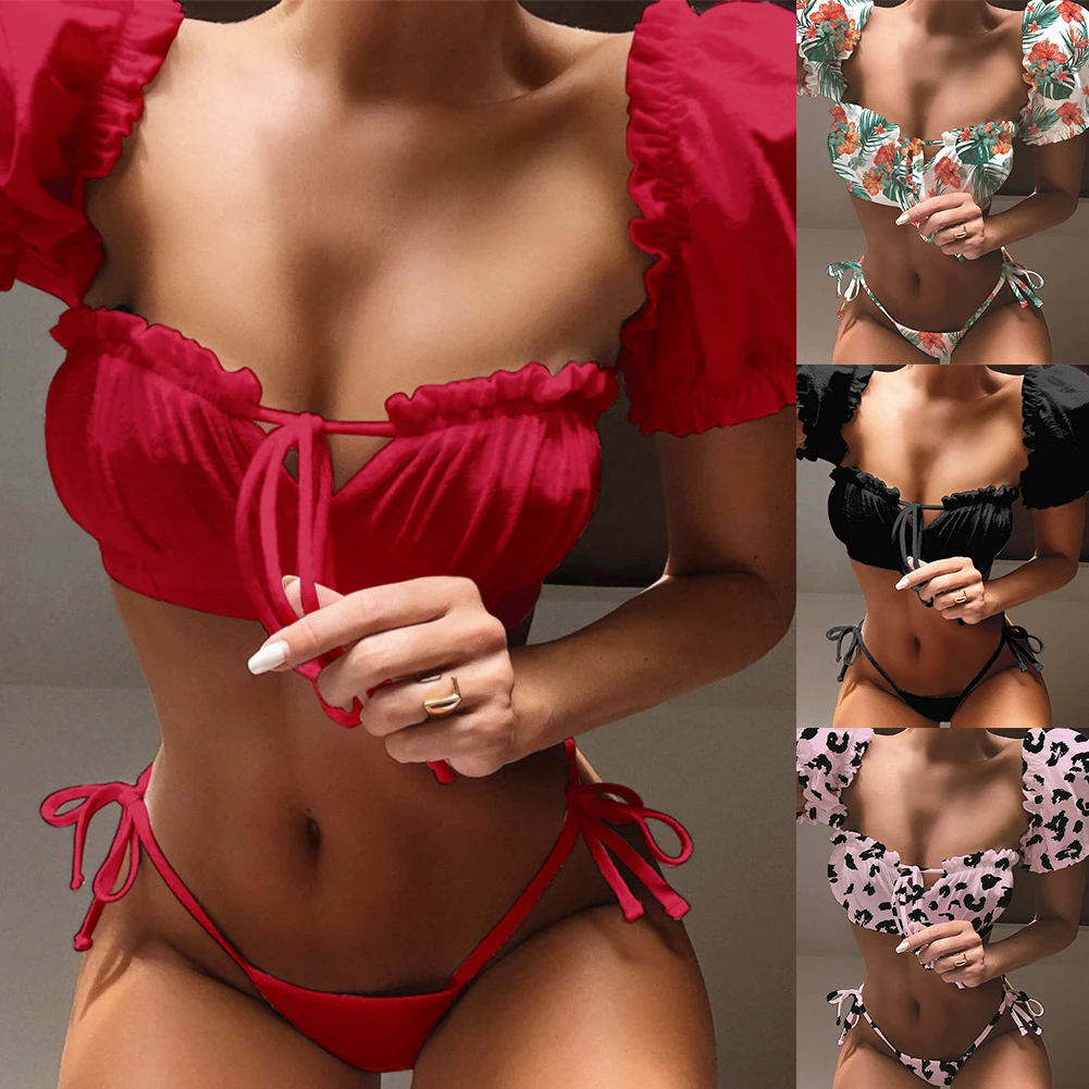 2020 женский цветочный купальник с открытыми плечами комплект бикини из двух