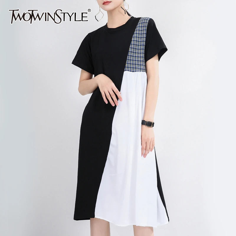 Женское Повседневное платье TWOTWINSTYLE асимметричное клетчатое контрастных цветов