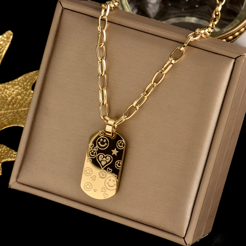 Colorfast 316L stainless steel necklace carved smile heart-shaped stars Fashion Square Pendant women's gift jewelry | Украшения и