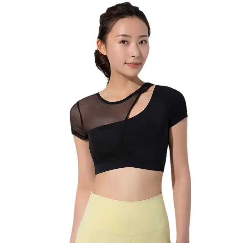 

Sexy Patchwork Hollow Out Net Yarn Yoga Shirt Fitness Women Sport Workout Crop Tops Gym Short-sleeved Shirts with Chest Pad