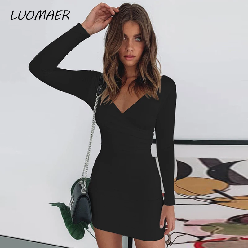 Женское Клубное платье Luomaer однотонное облегающее с глубоким вырезом и длинным