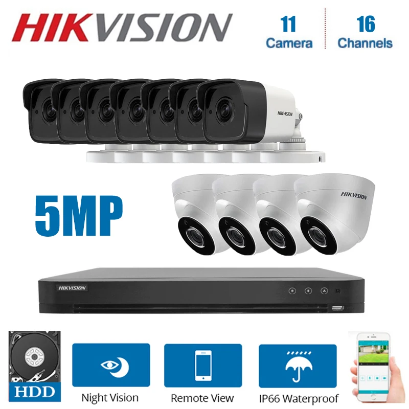 Hikvision16CH DS 7216HUHI K2 DVR видеонаблюдение с 11 комплектами гибридных 5MP 4 в 1 камер ночного