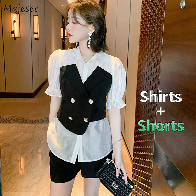 

Women Sets 2 Pieces Office Lady Elegant Summer Double Breasted Spliced Designer Shirts High-waist Shorts Simple Fashion Female