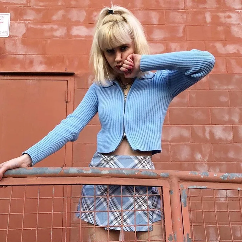 Женский свитер на молнии в рубчик Укороченный трикотажный черный кардиган с