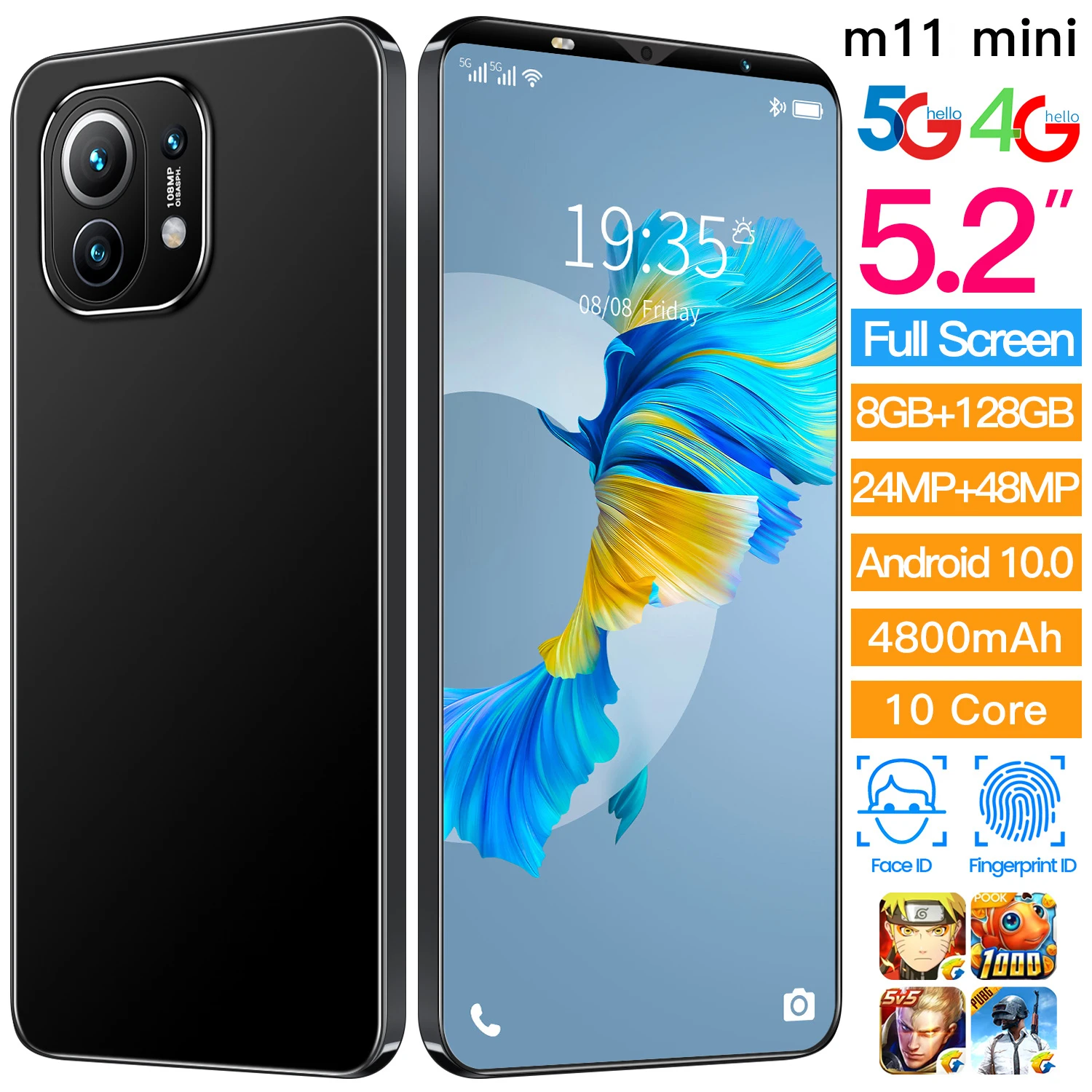 

Мини-смартфон M11, 5,2 дюйма, 8 + 4800 ГБ, 24 + 48 МП, мАч