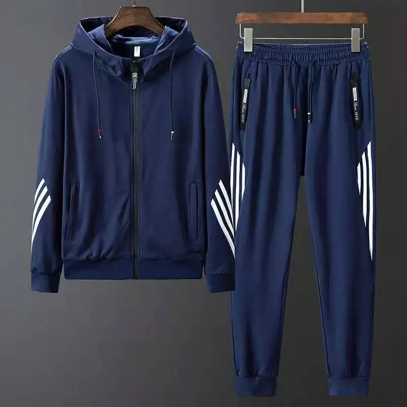 

Autumn new men's casual sports suit three-bar hooded sweatshirt trousers two-piece South Korean silk sportswear