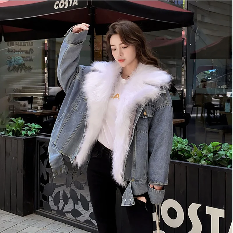 

2020 New Winter Denim Jacket Women Big Fur Collar Plus Velvet Thick Removable Liner Loose Warm Jeans Cotton Coat Ropa Para Mujer