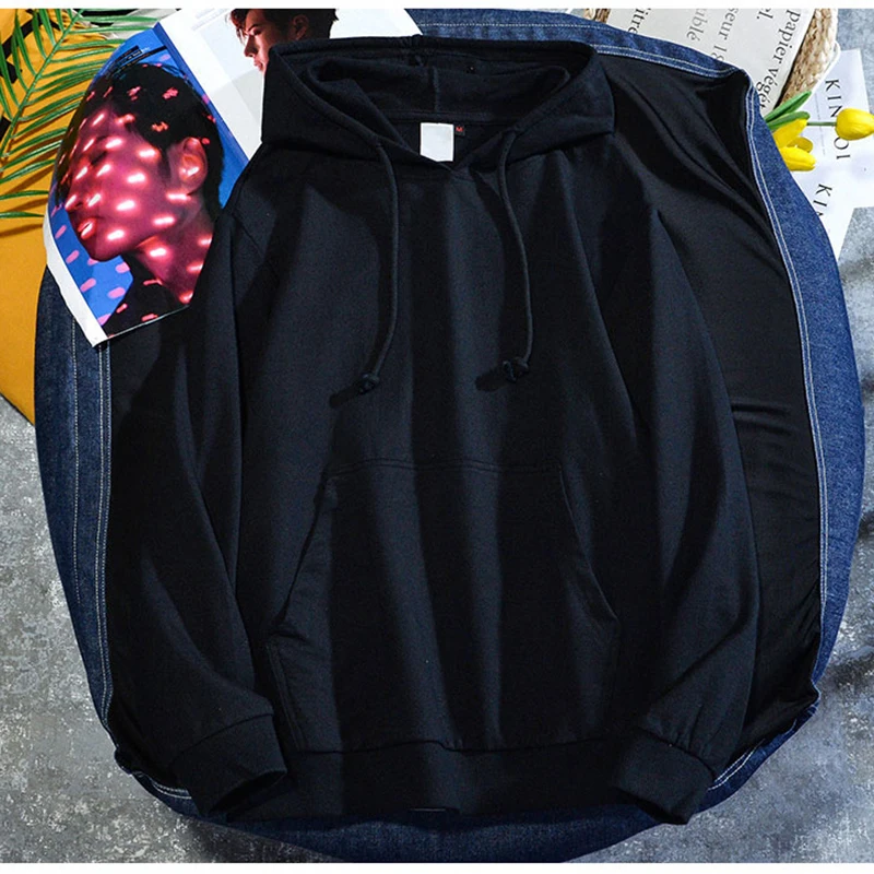 

Spring and autumn hooded Pullover casual cotton loose base solid color thin long sleeve top hooded men's wear