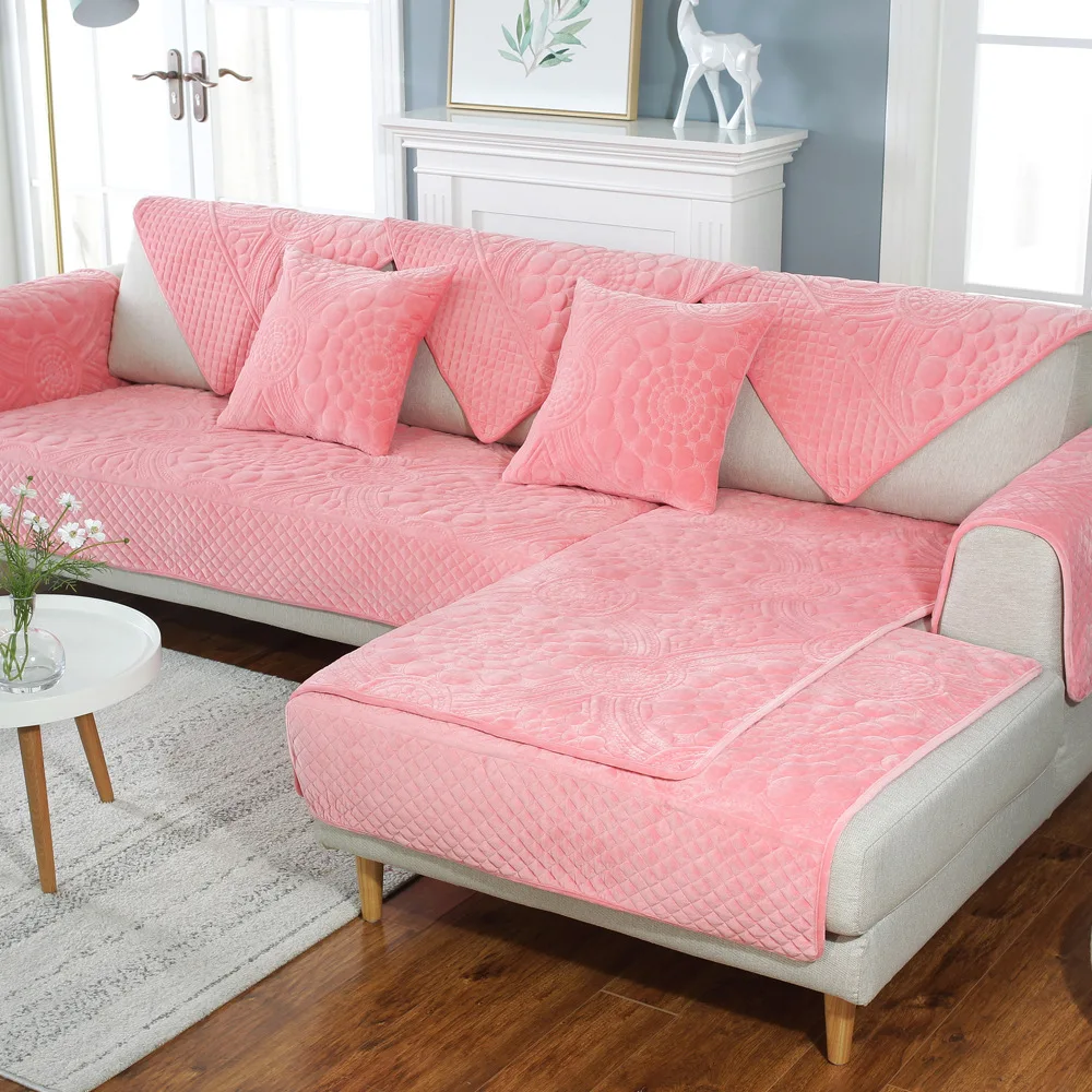 Pink 04 Современный Бархатный Чехол для дивана, нескользящая Толстая плюшевая теплая подушка, угловой диван, полотенце, вышитые чехлы для сидений для гостиной, гостиной - Цвет: Pink 04