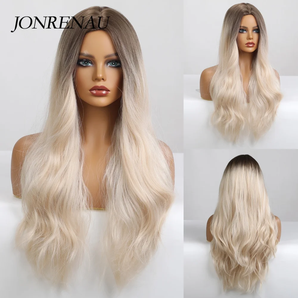 

JONRENAU Dark Root Ombre Blonde White Long Wavy Hair Wigs Middle Part Cosplay Natural Heat Resistant Synthetic Wig for Women