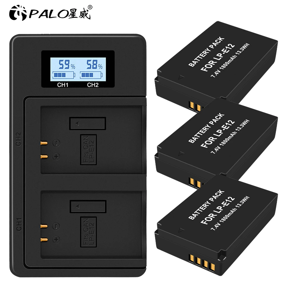 1 Charger 3 Battery PALO 3 шт. 7,4 В 1800 мАч LP-E12 LP E12 LPE12 батарея для камеры+ ЖК USB двойное зарядное устройство для Canon EOS M50 M10 M100 100D Kiss X7 Rebel SL1 - Цвет: 1 Charger 3 Battery