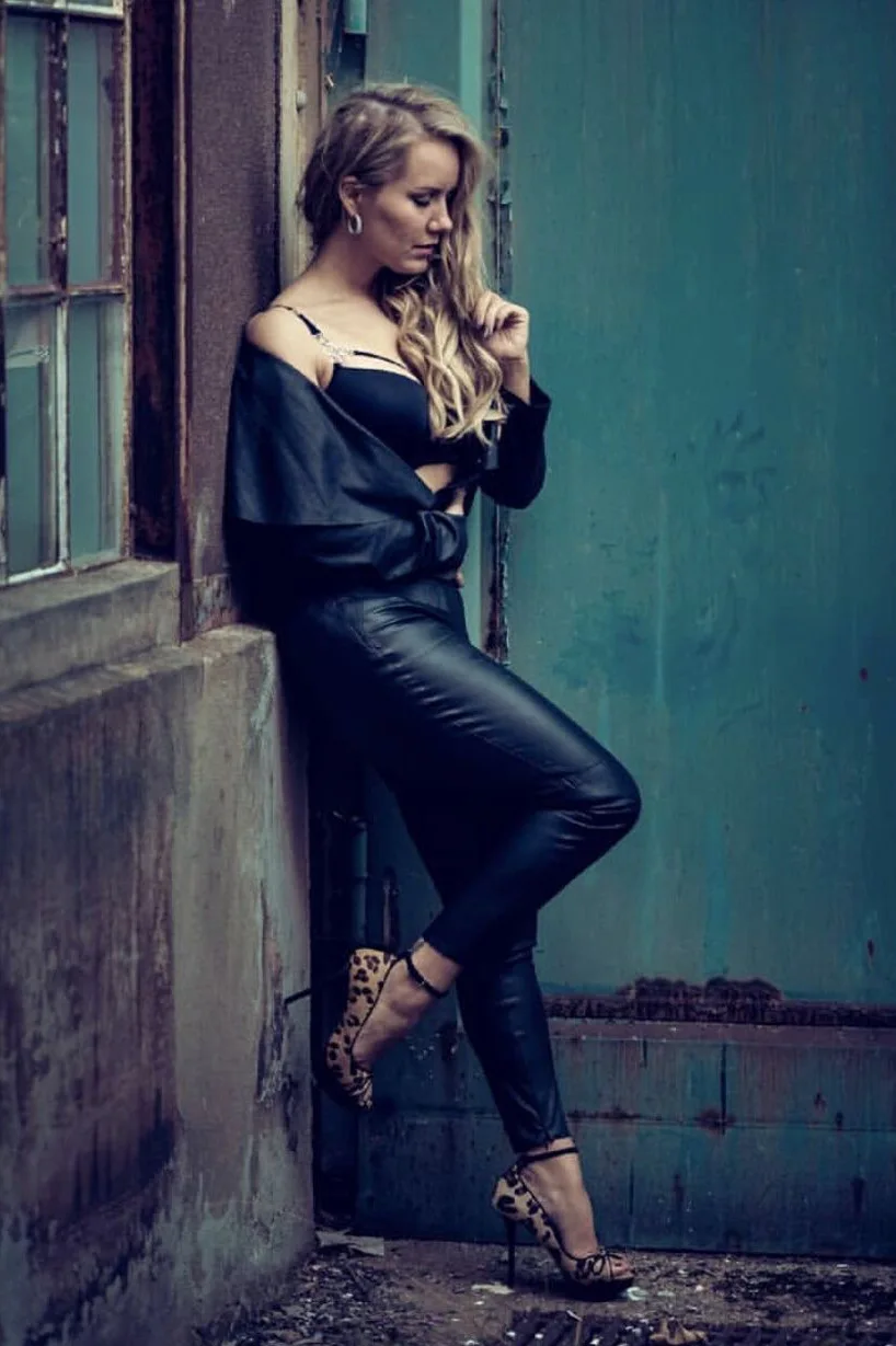 

Pants Streetwear High-Waist Pockets-Trouser Women PU Snug DM001