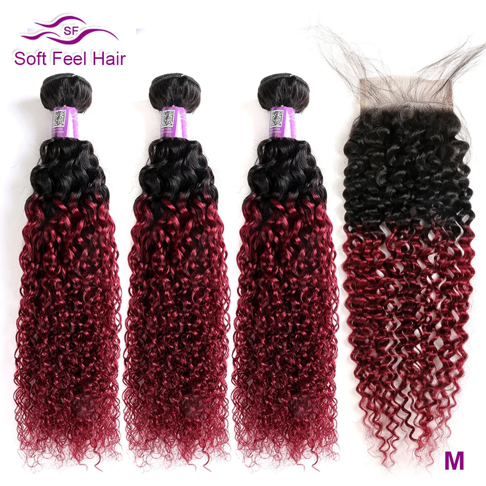 Soft Feel Hair T1B/бордовые пучки волос от светлого до темного цвета с закрытием 99J бразильские кудрявые пучки вьющихся волос с закрытием красные Remy человеческие волосы