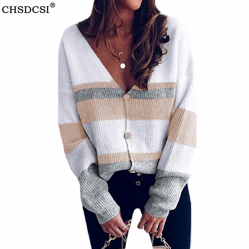 

CHSDCSI Autumn New V neck Cardigan Striped Female Jacket 2020 Button Knitwear Sweater Casual Coat Plus Size Knit Tops For Women