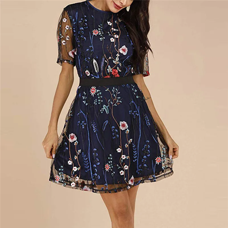 02 dark blue Fanbty, сексуальное женское платье с цветочной вышивкой, прозрачное Сетчатое летнее Мини платье в стиле бохо, ТРАПЕЦИЕВИДНОЕ ПЛАТЬЕ, женские прозрачные платья для вечеринок, Vestidos - Цвет: 02 dark blue
