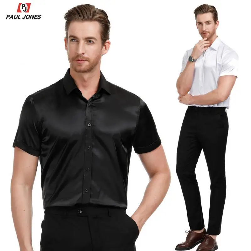 Мужская приталенная атласная рубашка с коротким рукавом PAUL JONES Повседневная
