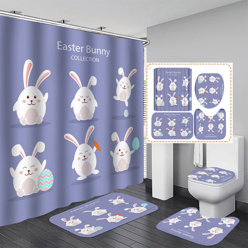 

Happy Easter Rabbit Waterproof Shower Curtain Shower Mat Base Carpet Cover Toilet Cover Bathroom 4PCS/Set