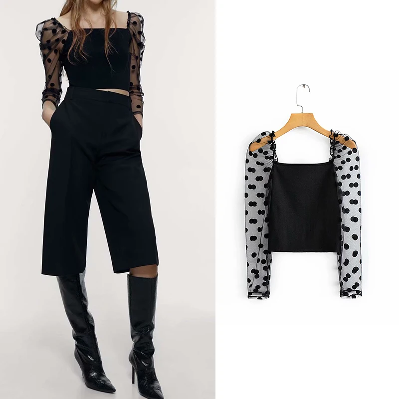 Женская трикотажная блузка в горошек za черная облегающая с длинным рукавом