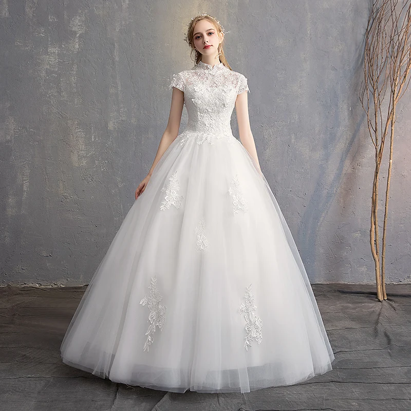Vestido de Casamento Nupcial de Luxo Rendas até Vestidos de Casamento sem Mangas Tamanho Grande Alta Pescoço Cerimônia 2 Vestido de casamento nupcial de luxo rendas