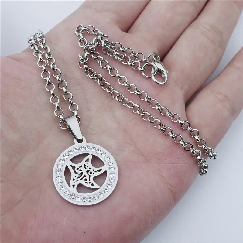 

Sea Star Necklace Stainless Steel Clear Rhinestone Pendant Jewelry Fashion Women Girls Gift 12 Pcs/lot Wholesale