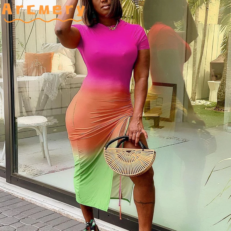 

Women Plus Size Tie Dye Printed Slit Bodycon Midi Dress